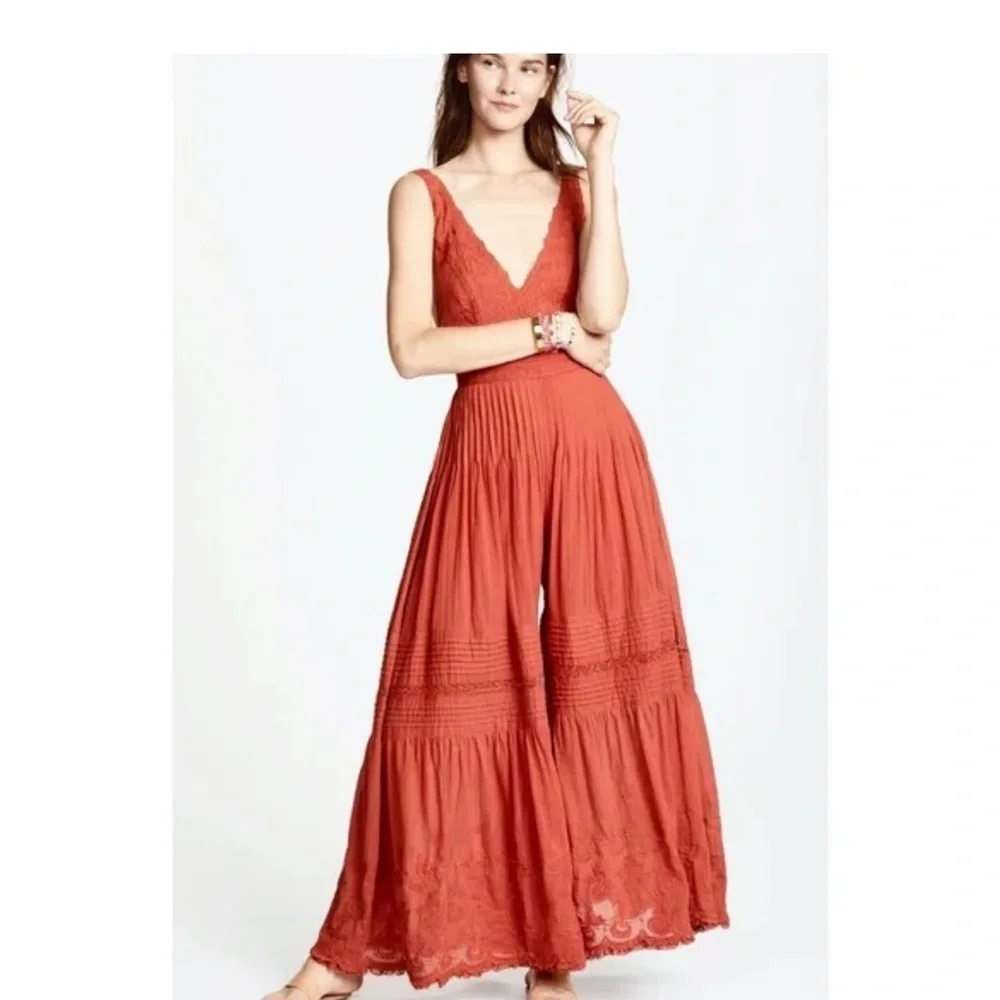 Free People Paloma Chic Rust Jumpsuit with Lace Detailing
